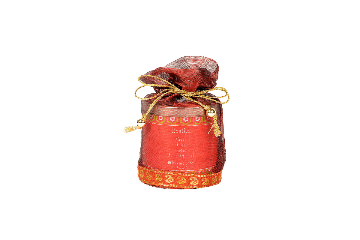 Exotica-40 Incense Cones Tin Can in a Decorative Tissue Bag  (A-1026/E)